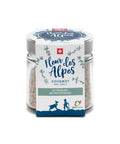 Glas mit "Fleur des Alpes" Gourmet-Salz mit Bio-Thymian. Das Etikett zeigt die Schweizer Flagge, die Aufschrift BIOSUISSE und eine Illustration von einer Ziege und einem Hirten.