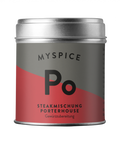 Eine Gewürzdose der Marke „MYSPICE“ mit der Aufschrift „Po Steakmischung Porterhouse“. Das Design ist minimalistisch in Grau und Rot gehalten.