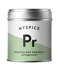 Eine silberne Gewürzdose mit einem „MYSPICE“-Etikett für „Kräuter der Provence“, in einem minimalistischen weiß-hellgrünen Design mit einem großen, fettgedruckten „Pr“ in der Mitte.