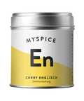 Eine silberne Gewürzdose mit der Aufschrift „MYSPICE En“ für Curry Englisch, gestaltet in einem schlichten Design mit einem großen schwarzen „En“ auf weiß-gelbem Grund.