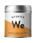 Eine silberne Gewürzdose mit einem weiß-orangen Etikett für „MYSPICE We“, speziell für die Gewürzzubereitung „Wedges American Style“.