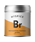 Eine Dose von MYSPICE mit der Aufschrift "Brotgewürz Rustikal gemahlen, Gewürzmischung" auf orange-weißem Etikett.