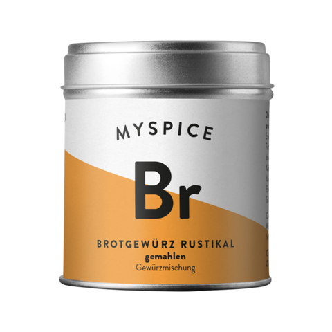 Eine Dose von MYSPICE mit der Aufschrift "Brotgewürz Rustikal gemahlen, Gewürzmischung" auf orange-weißem Etikett.