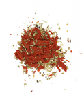 Eine silberne Gewürzdose mit einem weiß-orangen Etikett für „MYSPICE Bc“, beschriftet als „BRUSCHETTA Gewürzmischung“.
