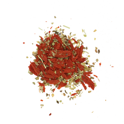 Eine silberne Gewürzdose mit einem weiß-orangen Etikett für „MYSPICE Bc“, beschriftet als „BRUSCHETTA Gewürzmischung“.