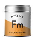 Eine silberne Gewürzdose mit der Aufschrift „MYSPICE Fm“ für Fisch & Meerestiere, gestaltet in einem minimalistischen Design mit einem großen schwarzen „Fm“ auf weiß-orangefarbenem Grund.