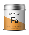Eine silberne Gewürzdose von „MYSPICE“ mit einem orange-weißen Etikett, das ein großes „Fa“ für „Fajita Mexican Style Gewürzzubereitung“ zeigt