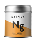 Eine silberne Metalldose der Marke Myspice für die Gewürzzubereitung „Nasi Goreng“, gestaltet mit einem großen „Ng“ auf weiß-orangem Etikett.