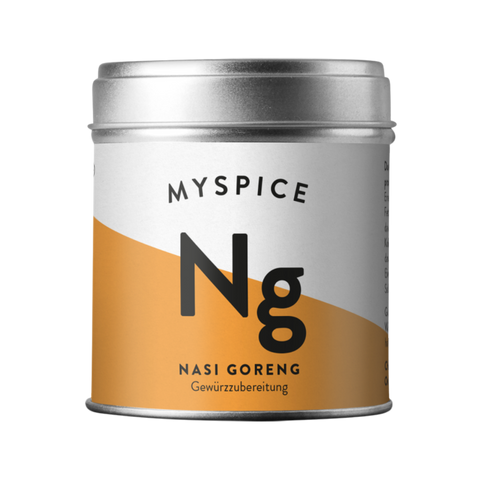 Eine silberne Metalldose der Marke Myspice für die Gewürzzubereitung „Nasi Goreng“, gestaltet mit einem großen „Ng“ auf weiß-orangem Etikett.
