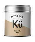 Eine Dose von MYSPICE mit der Aufschrift "Kümmel ganz" auf beigefarbenem und weißem Etikett.