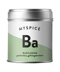 Eine silberne Gewürzdose mit der Aufschrift „MYSPICE Ba“ für Basilikum, gestaltet in einem minimalistischen Design mit einem großen schwarzen „Ba“ auf weiß-hellgrünem Grund.