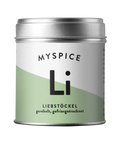 Eine silberne Gewürzdose mit der Aufschrift „MYSPICE Li“ für Liebstöckel, gestaltet in einem minimalistischen Design mit einem großen schwarzen „Li“ auf weiß-hellgrünem Grund.