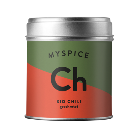 Myspice Dose mit Bio Chili geschrotet in Rot und Grün.