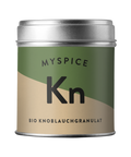 Zylindrische Metalldose von MySpice mit olivgrün-beigem Etikett und der Aufschrift "Kn BIO KNOBLAUCHGRANULAT".