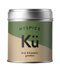 Eine Dose von MYSPICE mit der Aufschrift "BIO KÜMMEL gemahlen" auf grünem und beigefarbenem Etikett.