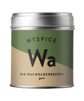 Eine silberne Gewürzdose für „MYSPICE Bio Wacholderbeeren ganz“ mit einem grün-beigen Etikett und großem „Wa“-Logo vor hellgrauem Hintergrund.