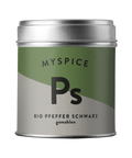 Silberne Gewürzdose der Marke MYSPICE mit einem grün-grauen Etikett, das die großen Buchstaben „Ps“ und die Produktbeschreibung: BIO PFEFFER SCHWARZ gemahlen zeigt.