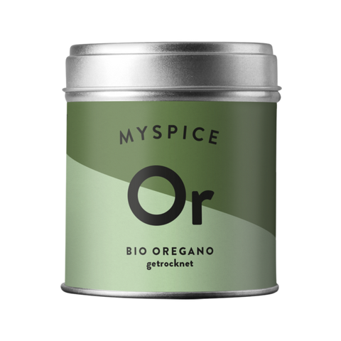Eine silberne Gewürzdose mit der Aufschrift „MYSPICE Or“ für Bio-Oregano, gestaltet in einem minimalistischen Design mit einem großen schwarzen „Or“ auf hell- und dunkelgrünem Grund.