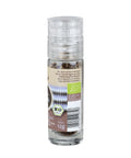 Die Rückseite einer kleinen Herbaria „Mini Kaffeeklatsch Mühle“ aus Glas mit Gewichtsangabe (12g), Bio-Siegeln, Barcode und Allergenhinweisen auf dem Etikett.