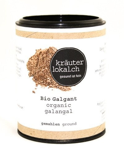 Ein Behälter mit „Bio Galgant“ (Bio-Galgant) Pulver von kräuterlokal.ch.