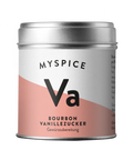 Eine silberne zylindrische Dose von „MYSPICE“ mit einem minimalistischen weiß-rosa Etikett, den fettgedruckten Buchstaben „Va“ und dem Text „BOURBON VANILLEZUCKER Gewürzzubereitung“.
