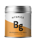Eine silberne zylindrische Dose von „MYSPICE“ mit einem minimalistischen weiß-orangefarbenen Etikett, den fettgedruckten Buchstaben „Bg“ und dem Text „BOLOGNESE A LA ITALIA Gewürzzubereitung“.