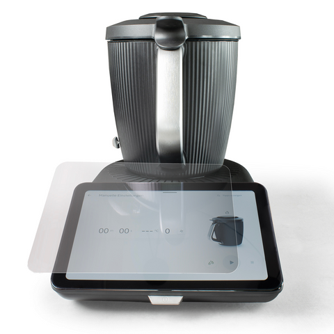 Gewurzladen Nafels: Schutzfolie liegt auf dem Touchscreen-Display einer schwarzen Küchenmaschine mit dunklem Mixtopf.