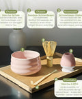 Eine informative Grafik eines rosa Matcha-Sets auf einem Holztablett, mit nummerierten Beschriftungen für Chawan (Schale), Chasen (Besen), Kusenaoshi (Besenhalter) und Chashaku (Löffel).