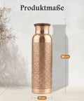 Gravierte Kupferflasche mit Blumenmuster und Maßen (26 cm Höhe, 7 cm Durchmesser).