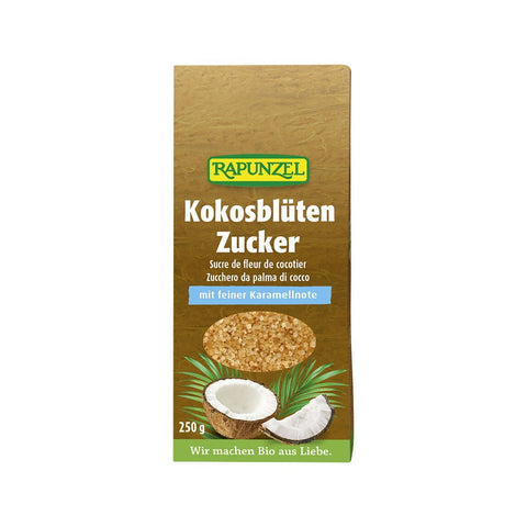 Eine Packung Rapunzel Bio Kokosblütenzucker mit Karamellnote.
