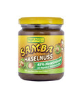 Ein Glas Rapunzel Samba Haselnuss Brotaufstrich mit Rapadura Vollrohrzucker.