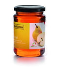 Ein klares Glasgefäß gefüllt mit bernsteinfarbenem Birnendicksaft (Birnel), versehen mit einem Biofarm-Etikett, das eine ganze und eine halbierte Birne zeigt.
