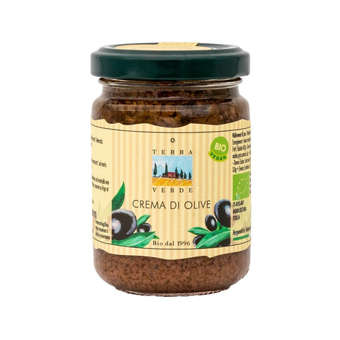 Ein Glas Terra Verde Bio-Vegan Olivencreme (Tapenade).