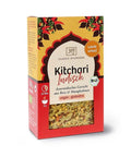 Verpackung für „Classic Ayurveda Kitchari Indisch“, ein biologisches, veganes und glutenfreies ayurvedisches Reis- und Mungbohnengericht. Das Design ist in Orange und Rot gehalten mit einem Sichtfenster auf die trockenen Zutaten.