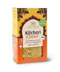 Verpackung für „Classic Ayurveda Kitchari Klassik“, ein biologisches, veganes und glutenfreies ayurvedisches Reis- und Mungbohnengericht. Es ist als „fein gewürzt“ gekennzeichnet und zeigt die trockene Mischung durch ein Sichtfenster.