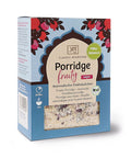 Eine Packung „Porridge Fruity“ von Classic Ayurveda, deklariert als vegan und „Pitta-Balance“, mit dekorativem Granatapfel-Design, Bio-Siegel und einem Sichtfenster, das die trockene Mischung zeigt.