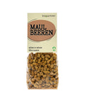Eine Klarsichttüte mit getrockneten Maulbeeren von Biopartner, versehen mit einem hellgrünen Etikett mit der Aufschrift „Maulbeeren“, „Mûres du mûrier“, „Gelsi bianchi“ und einem Bio-Siegel.