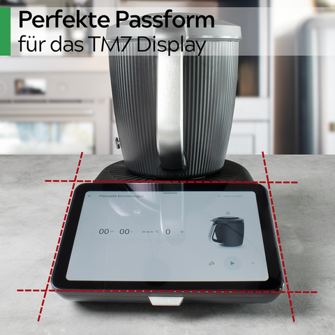Gewurzladen Nafels: Schutzfolie mit roten gestrichelten Linien, die die perfekte Passform auf dem Touchscreen einer schwarzen Küchenmaschine zeigen.