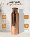 Ayurveda Kupfer-Chakra-Flasche mit vier Feature-Symbolen und Text auf Deutsch.