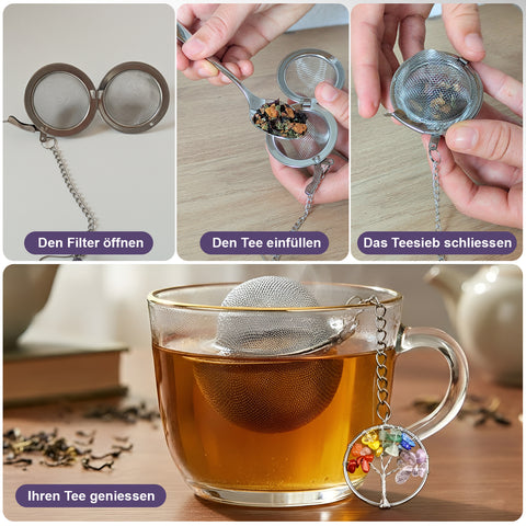 Vierschritt-Collage, die die Anwendung des Lebensbaum-Teesiebs in einer Tasse zeigt.