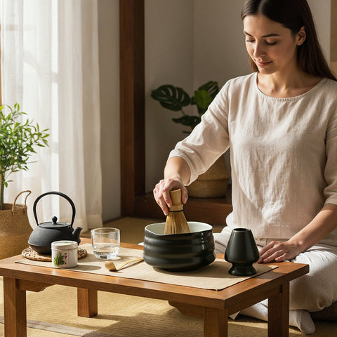 Gewurzladen Nafels Frau bereitet Matcha Tee mit Besen und schwarzer Schale auf einem Holztisch zu.
