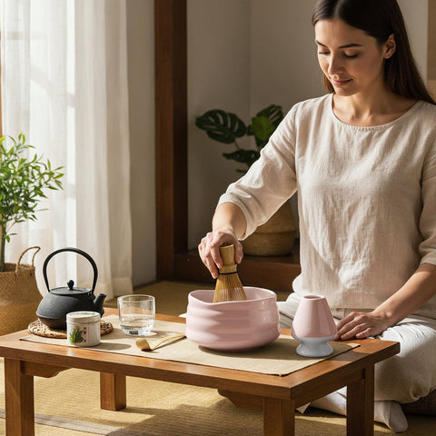 Eine Frau sitzt ruhig an einem niedrigen Holztisch und bereitet mit einem Bambusbesen Matcha in einer rosa Schale zu, umgeben von einem traditionellen Tee-Set.