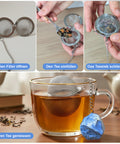 Vierschritt-Collage, die die Anwendung des Lapislazuli-Teesiebs in einer Tasse zeigt.