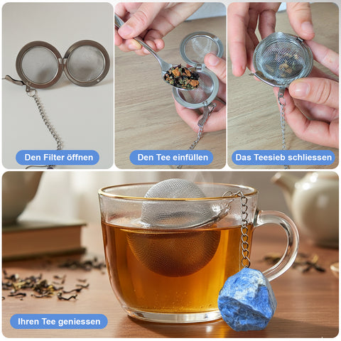 Vierschritt-Collage, die die Anwendung des Lapislazuli-Teesiebs in einer Tasse zeigt.