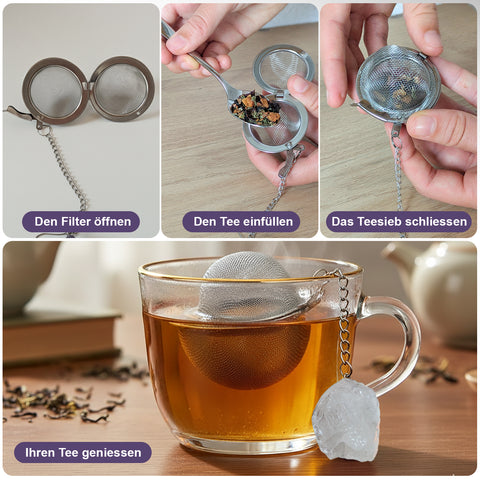 Vierteilige Collage zeigt das Befüllen und Verwenden eines Netz-Teesiebs in einer Tasse heißen Tees.