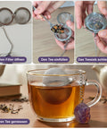 Vierschritt-Collage, die die Anwendung des Amethyst-Teesiebs in einer Tasse zeigt.