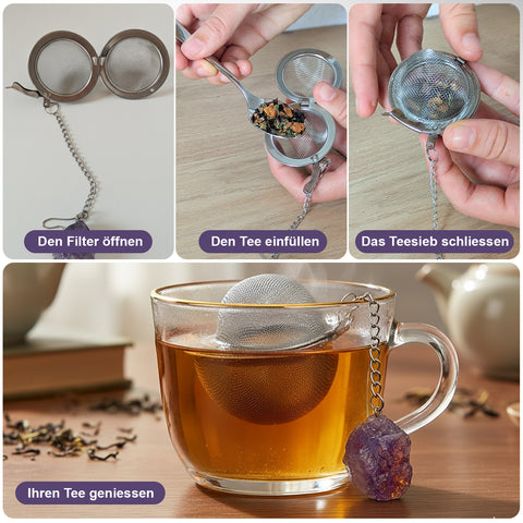 Vierschritt-Collage, die die Anwendung des Amethyst-Teesiebs in einer Tasse zeigt.