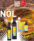 Werbegrafik für Natur Kraftwerke „Leinöl Nativ“ mit Produktflaschen, einer Schale Öl und Leinsamen sowie Texten zur frischen Kaltpressung und Herstellung im Zürcher Oberland.