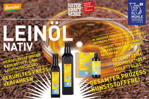 Werbegrafik für Natur Kraftwerke „Leinöl Nativ“ mit Produktflaschen, einer Schale Öl und Leinsamen sowie Texten zur frischen Kaltpressung und Herstellung im Zürcher Oberland.