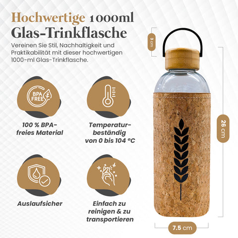 Glas-Trinkflasche mit Korkhülle & Bambusdeckel, 1000 ml
